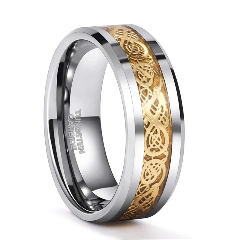 Somen Ring Men Real Tungsten Ring 6mm/8mm Gold Color Celtic Dragon Polished Engagement Rings Wedding Band Fashion Party Jewelry