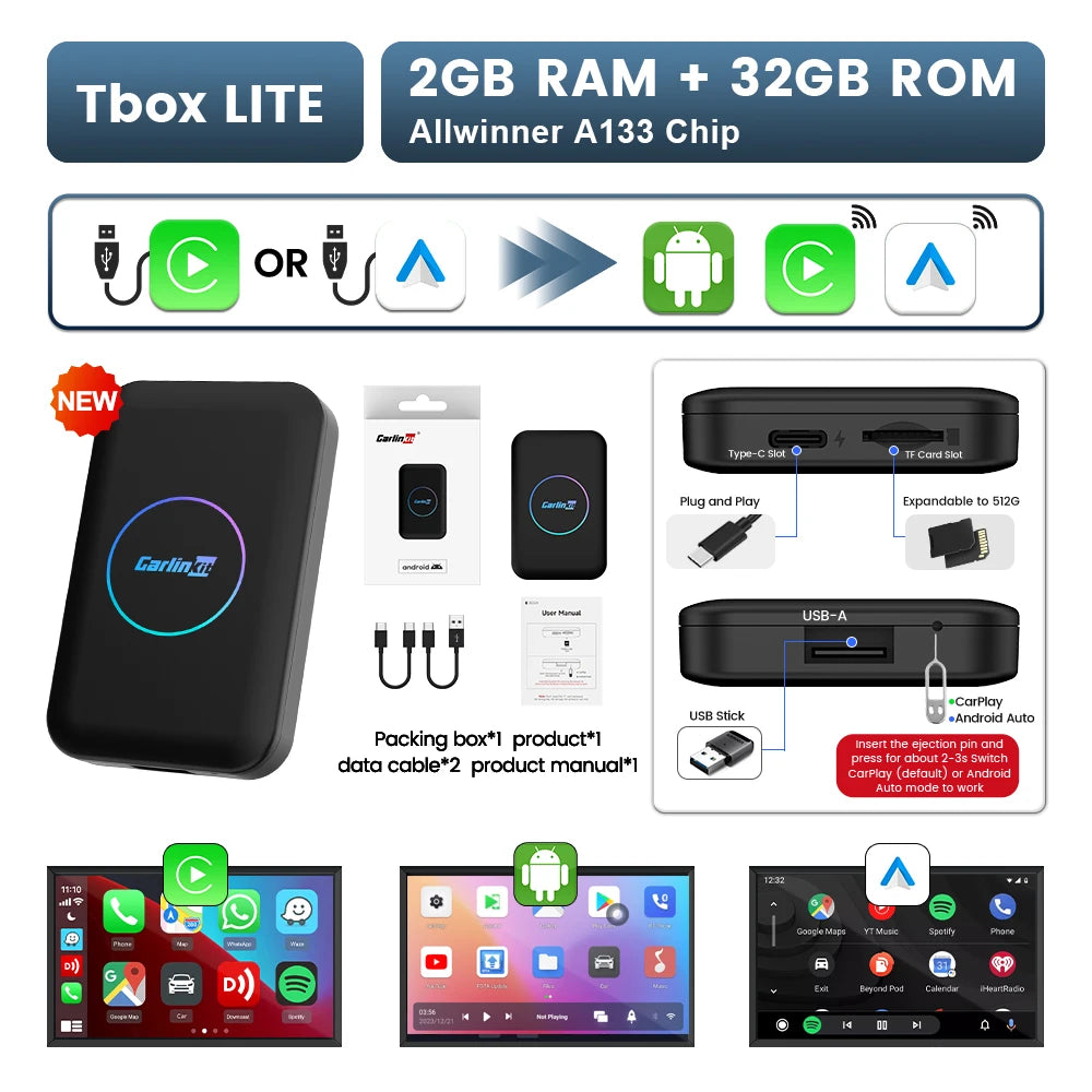 CarlinKit LITE S Android TV Box 5-In-1 Wireless CarPlay Wireless Android Auto HDMI Video Output Support Netflix IPTV For OEM Car