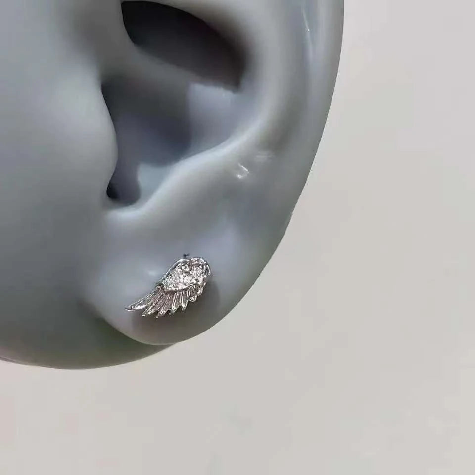 Personality Shiny Zircon Angel Wings Stud Earrings for Women Men Couple Multiple Ear Holes Fold Wear Ear Bone Stud Jewelry Gifts