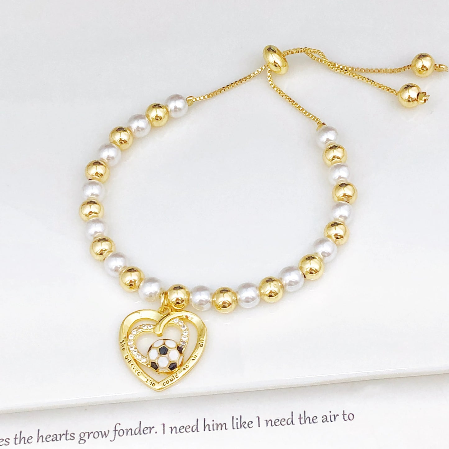 New Design Heart-Shaped Enamel Art Football Copper Bead Chain Adjustable Bracelet for Men Women Sports Style Jewelry Accessories