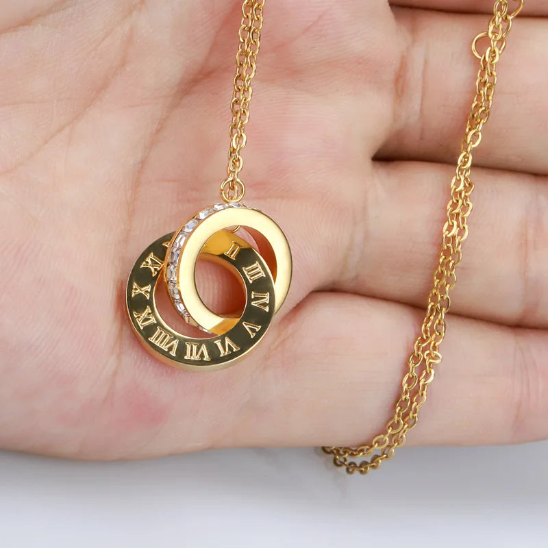 new stainless steel rose gold square diamond Roman numeral double-buckle short necklace