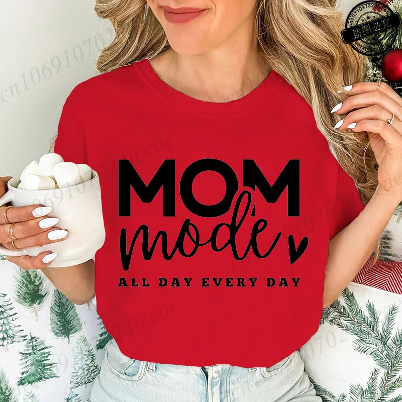 Mom Mode All Day Every Day Printed Women's T-Shirts Clothing Shirt Short Sleeve T-shirt Tops Oversized T Shirt Women Clothes