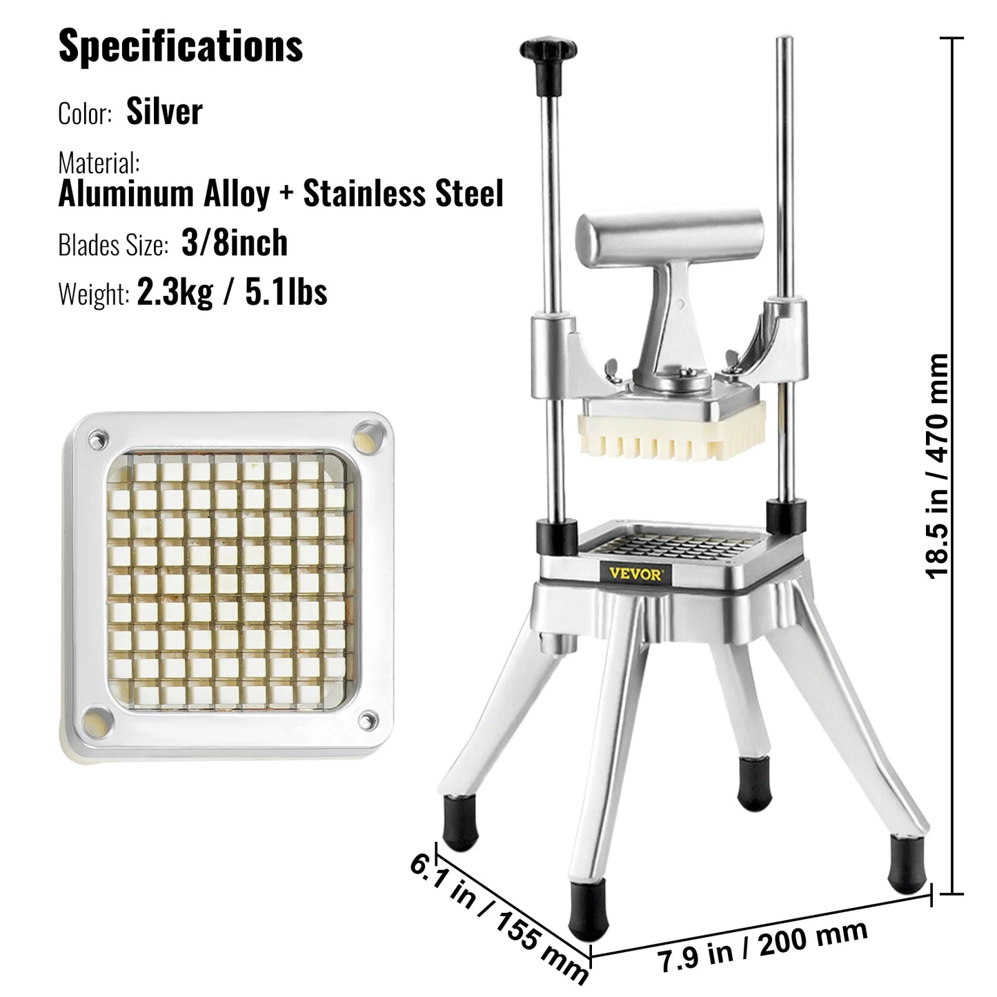 SucceBuy 3/8,1/4 Inch Manual Fruit Vegetable Dicer Cutter Commercial Food Cutter Stainless Steel Slicer Home Restaurant Kitchen