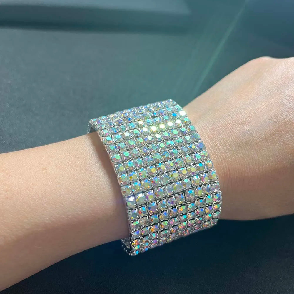 TREAZY Stunning AB Color Rhinestones Wedding Bangles Silver Plated Crystal Stretch Bracelet for Women Wristband Elastic Jewelry