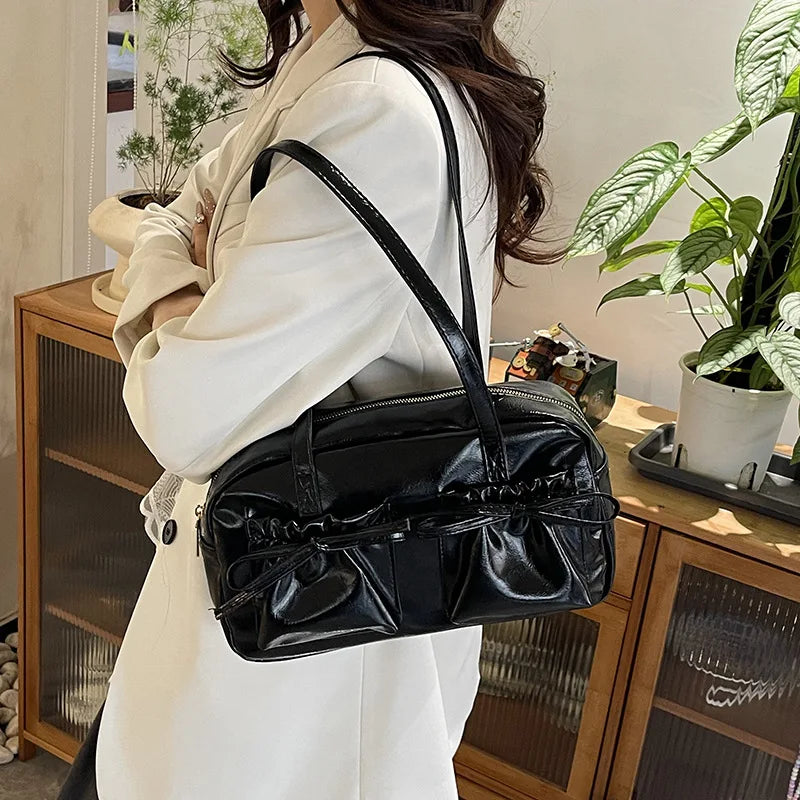 Vintage Simple Ladies Commute Tote BagWomen Business Shoulder Bags Pu Leather Female Underarm Bag Burgundy Large Handbags Purse