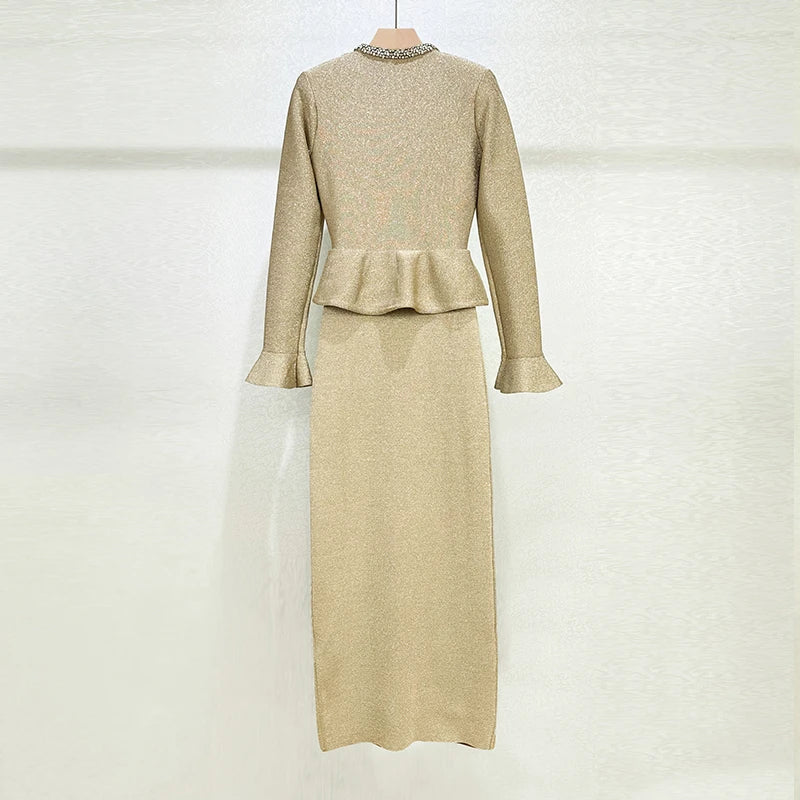 2025 Spring New Women's RoundNeck Diamond-Embellished Long-Sleeved Knitted DressY2K High-Quality Fashionable Commuter Maxi Dress