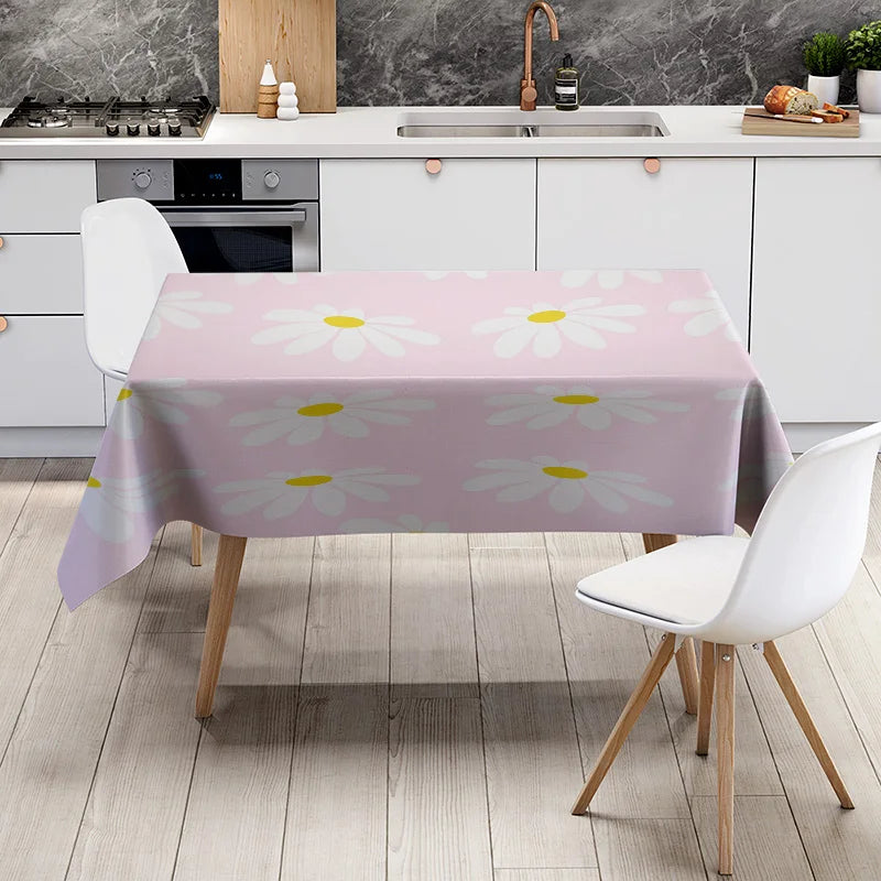 Pink White Floral Tablecloth with Yellow Accents for Home Decor in Dining Room or Kitchen Square Shaped 150X240cm (Large)