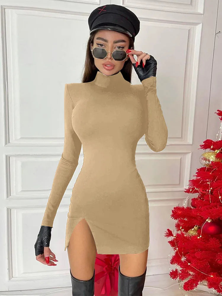 Women Spring Autumn Long Sleeve Bodycon Soild Color Black Slim Package Hip Mini Dress 2024 Female Clothing Streetwear