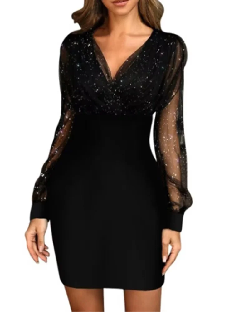 Sexy V-neck Transparent Long Sleeved Dress Women's Solid Color Sequin Dresses Party Fashionable Elegant Autumn Clothes