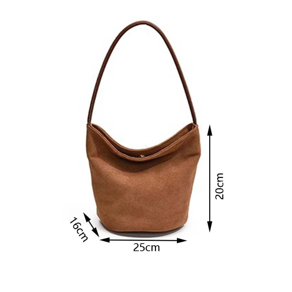 Women Suede Bucket Bag Faux Suede Shoulder Bag Large Capacity Women's Commuting Bags Retro Trendy Solid Color Tote Handbags 2025