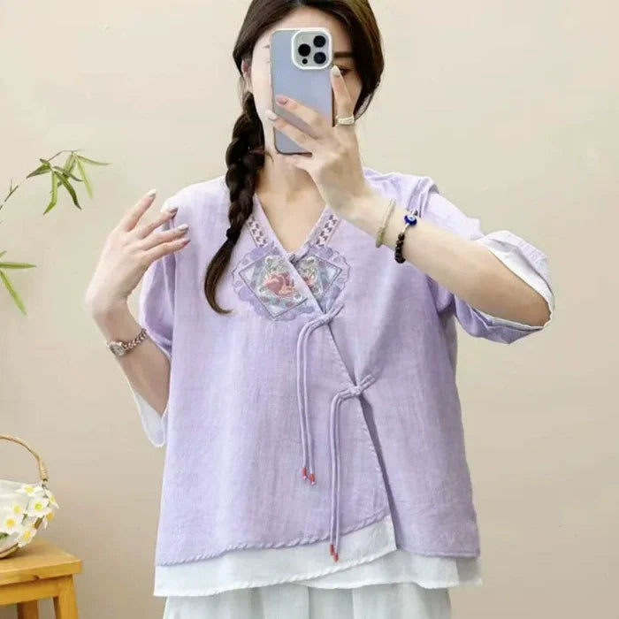 Loose Embroidered T-Shirts Women's Clothes Summer Vintage Woman Tshirt Casual Cotton Linen Ethnic Style Ladies T Shirt Blusas