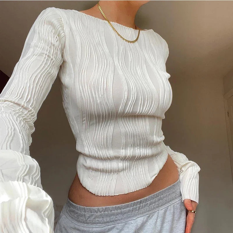 2024 Autumn Ruched Long Sleeve T Shirts Women Casual White Skinny Black Basic Tee Fashion Street Cropped Top Y2K Clothes T-shirt