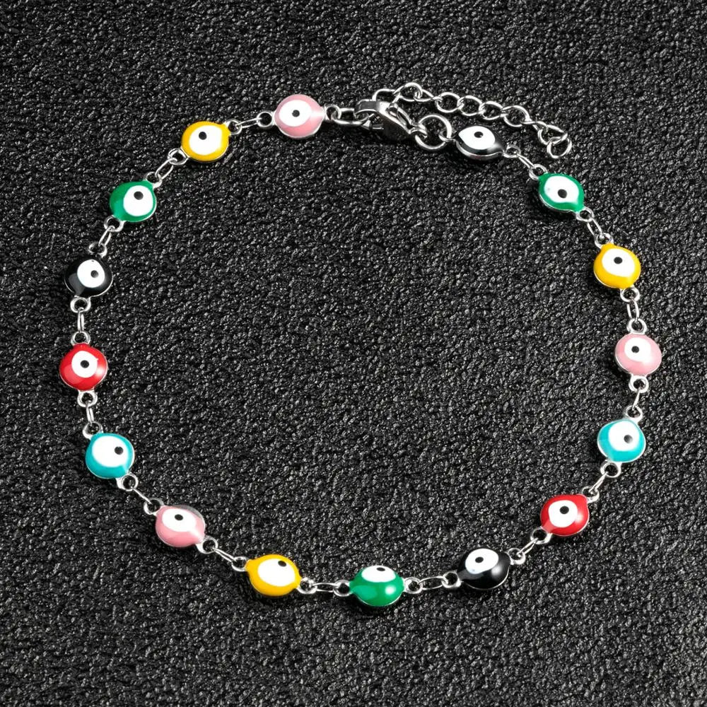 6mm Turkish Evil Eye Bracelet Women Stainless Steel Bangle Enamel Anklet with Extension Chain Jewelry for Ladies Girl Gifts