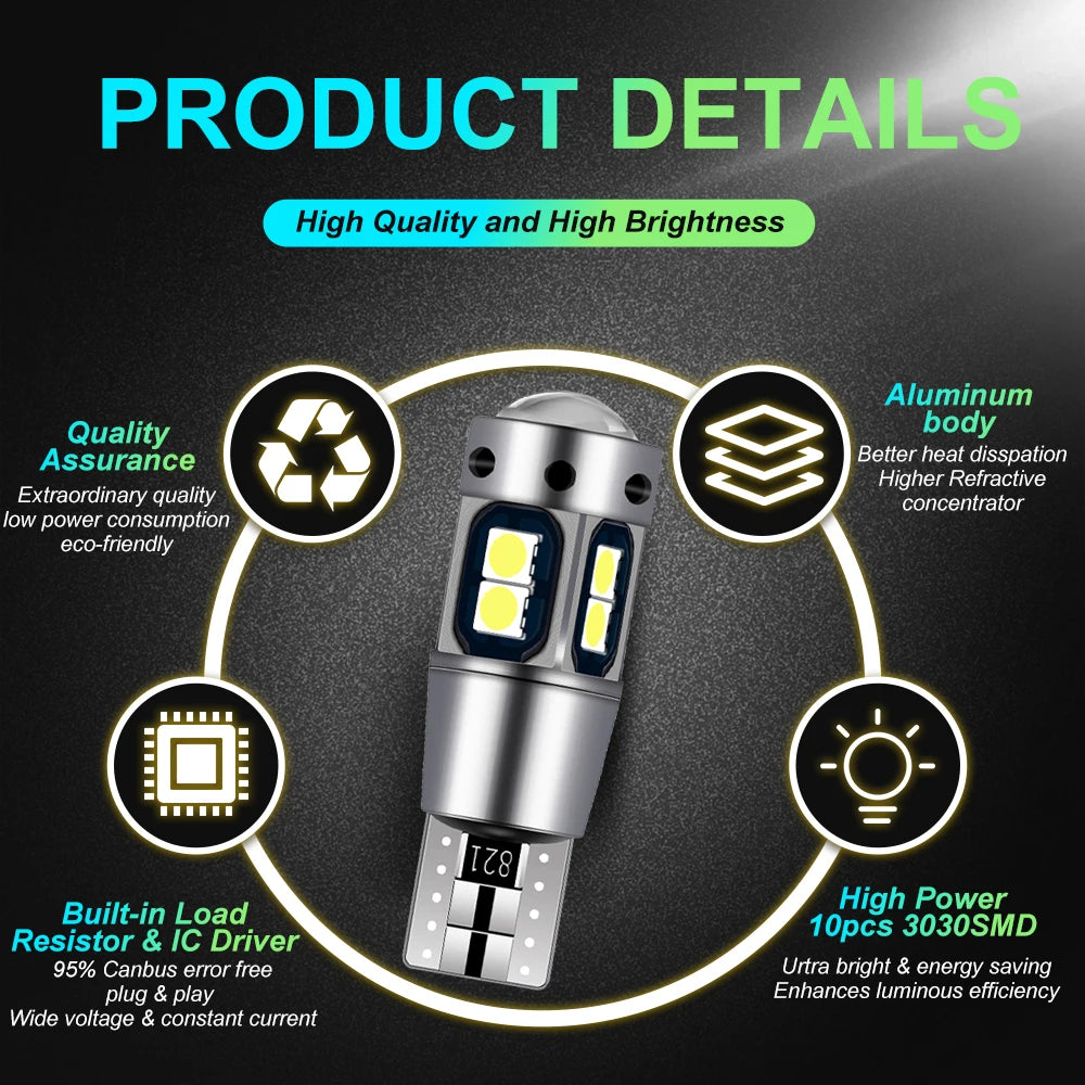 4Pcs New T10 W5W WY5W 168 921 501 2825 Super Bright LED Car Interior Reading Dome Lights Auto Parking Lamp Wedge Tail Side Bulbs