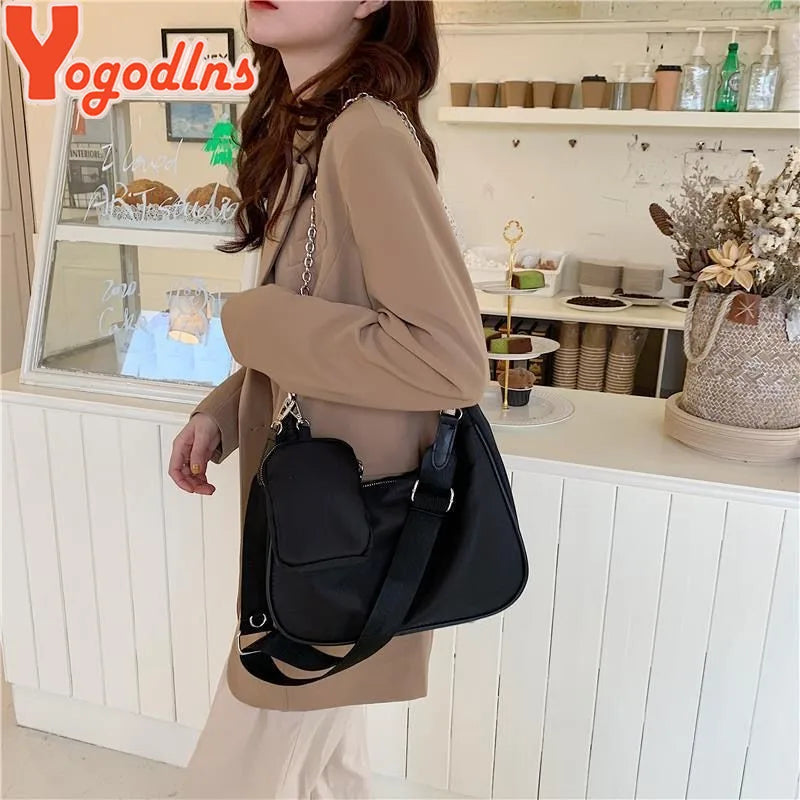 Yogodlns Black Nylon Shoulder Bag Women Large Capacity Crossbody Bag Daily Hobo Bags Female Designer Handbag 2pcs Fashion Purse
