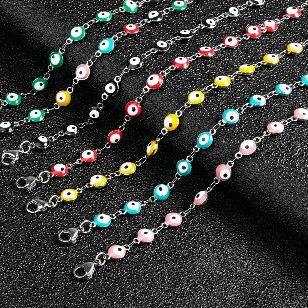 6mm Turkish Evil Eye Bracelet Women Stainless Steel Bangle Enamel Anklet with Extension Chain Jewelry for Ladies Girl Gifts