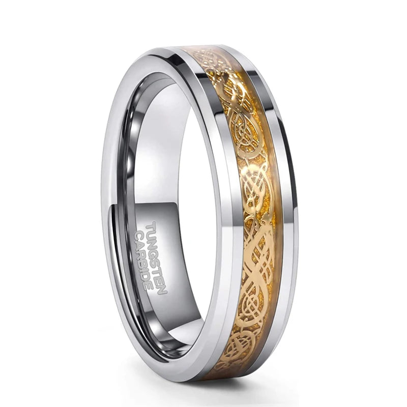 Somen Ring Men Real Tungsten Ring 6mm/8mm Gold Color Celtic Dragon Polished Engagement Rings Wedding Band Fashion Party Jewelry
