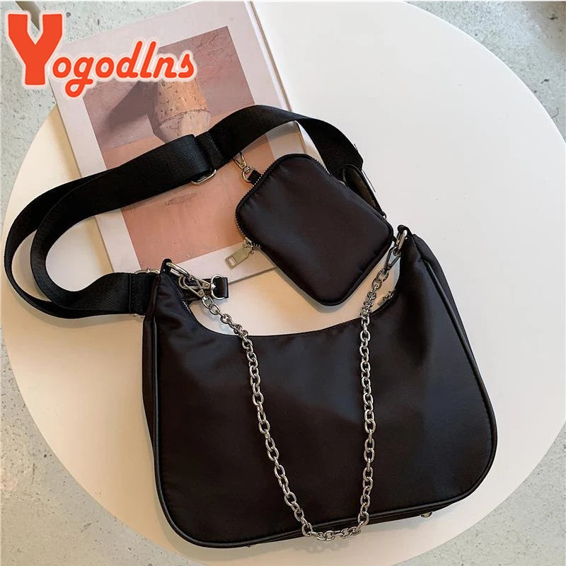 Yogodlns Black Nylon Shoulder Bag Women Large Capacity Crossbody Bag Daily Hobo Bags Female Designer Handbag 2pcs Fashion Purse