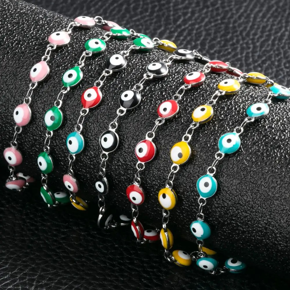 6mm Turkish Evil Eye Bracelet Women Stainless Steel Bangle Enamel Anklet with Extension Chain Jewelry for Ladies Girl Gifts