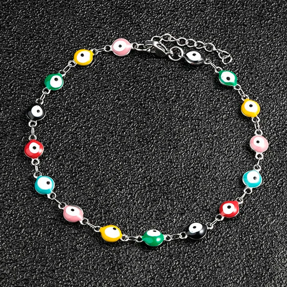 6mm Turkish Evil Eye Bracelet Women Stainless Steel Bangle Enamel Anklet with Extension Chain Jewelry for Ladies Girl Gifts