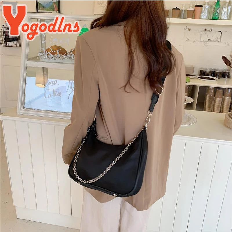 Yogodlns Black Nylon Shoulder Bag Women Large Capacity Crossbody Bag Daily Hobo Bags Female Designer Handbag 2pcs Fashion Purse