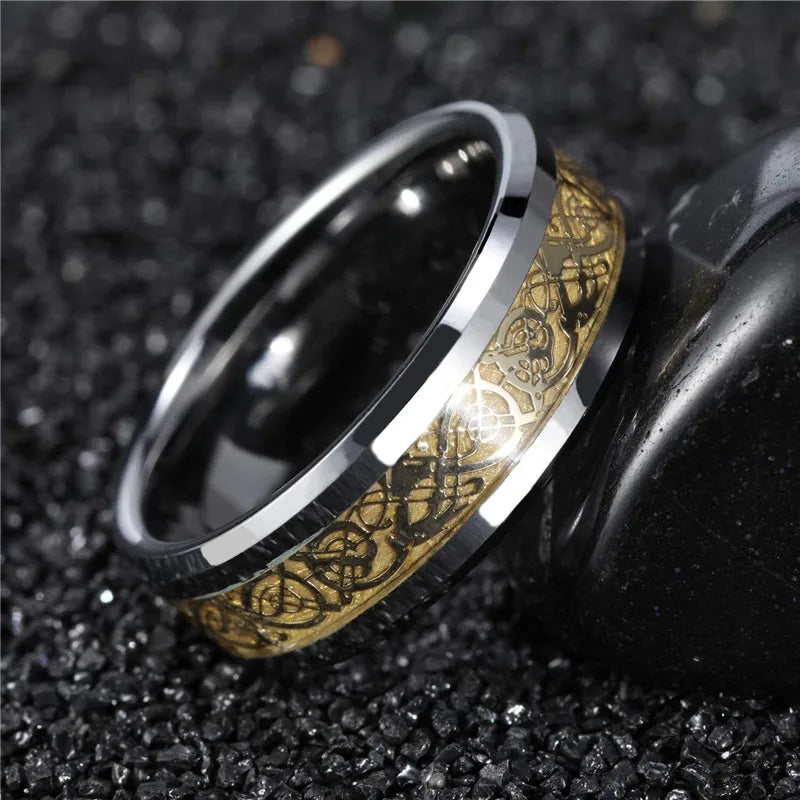 Somen Ring Men Real Tungsten Ring 6mm/8mm Gold Color Celtic Dragon Polished Engagement Rings Wedding Band Fashion Party Jewelry
