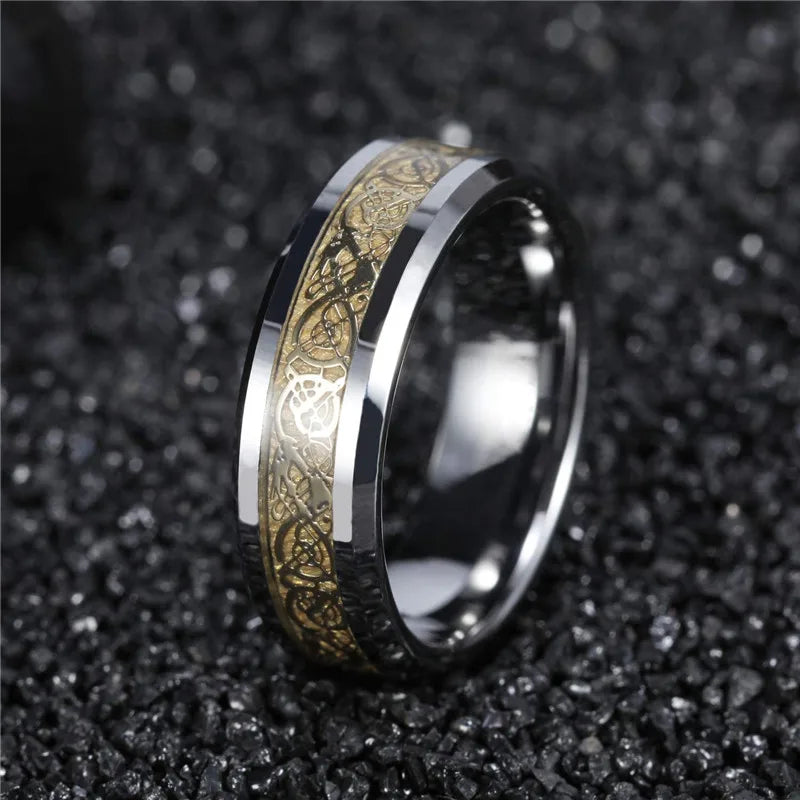 Somen Ring Men Real Tungsten Ring 6mm/8mm Gold Color Celtic Dragon Polished Engagement Rings Wedding Band Fashion Party Jewelry