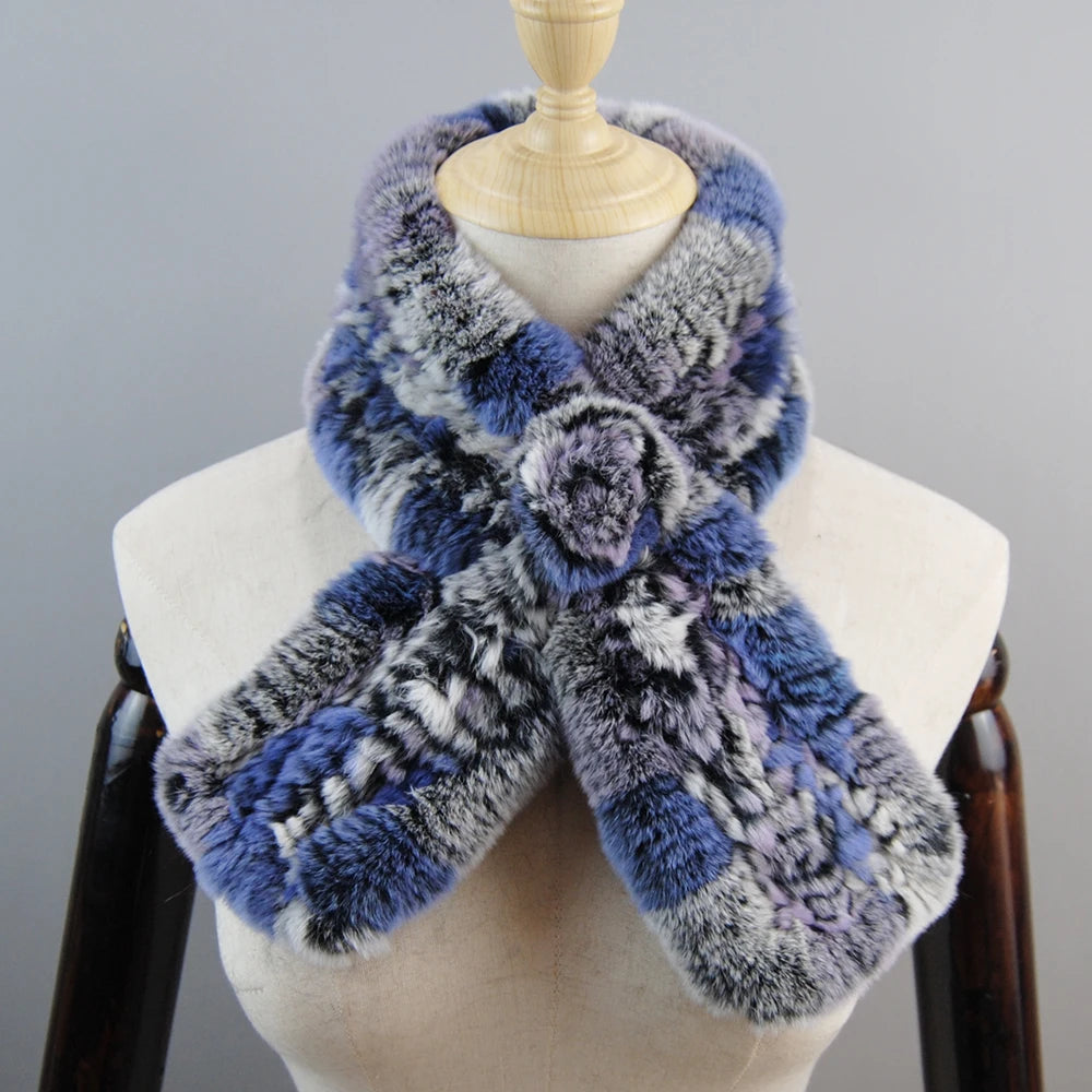 New Russian Women Knit Real Rex Rabbit Fur Scarf Lady Fashion Floral Rex Rabbit Fur Mufflers Hot Winter Warm Natural Fur Scarves