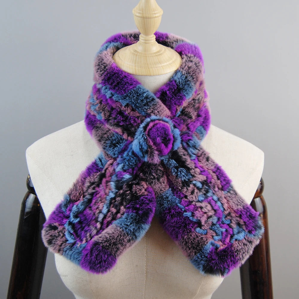 New Russian Women Knit Real Rex Rabbit Fur Scarf Lady Fashion Floral Rex Rabbit Fur Mufflers Hot Winter Warm Natural Fur Scarves