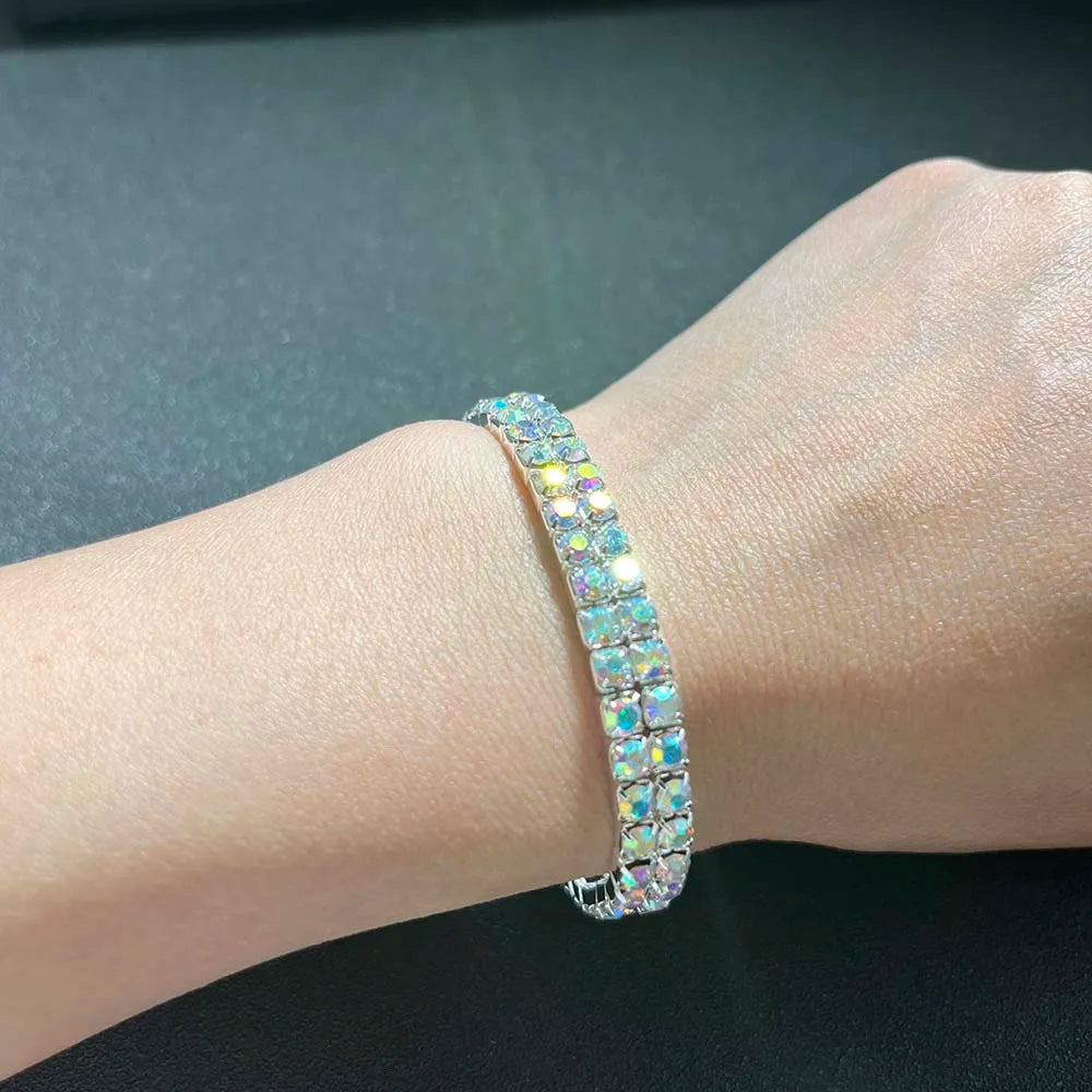 TREAZY Stunning AB Color Rhinestones Wedding Bangles Silver Plated Crystal Stretch Bracelet for Women Wristband Elastic Jewelry