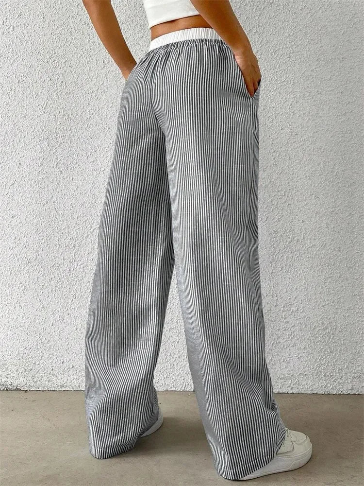 Casual Striped Woven Wide Leg Pants for Women Autumn Winter Casual Stylish Full Length Trousers Y2K Clothes Streetwear