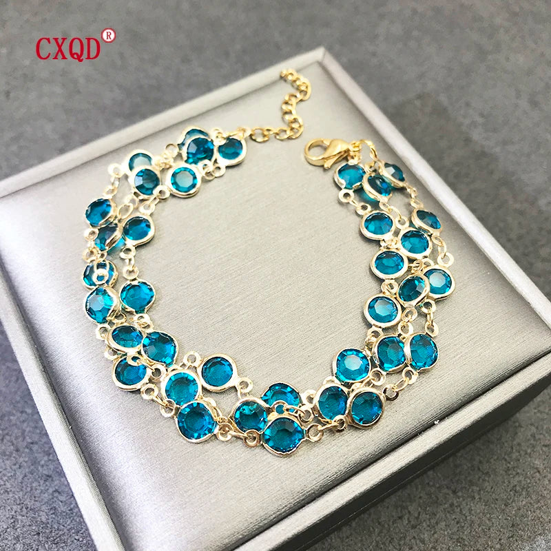 Beautiful Fashion Multicolor Stainless Steel Lobster Clasp Glass Copper Combination Golden Bracelets For Women Girls Kids Gift