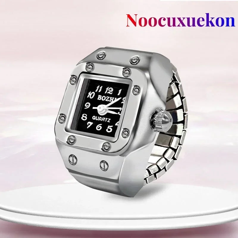 Vintage Punk Finger Watch Mini Elastic Strap Alloy Watches Couple Rings Jewelry Clock Retro Roman Quartz Watch Ring Women Men