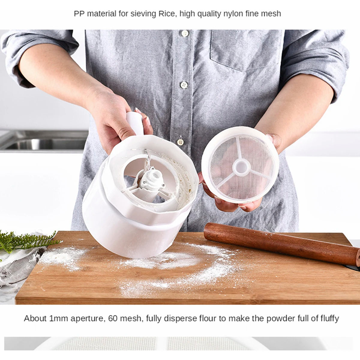 Electric Flour Shifter 1L Automatic Flour Strainer Handheld Cup Shape White Powder Sieve Battery Operated Fine Stainless Steel