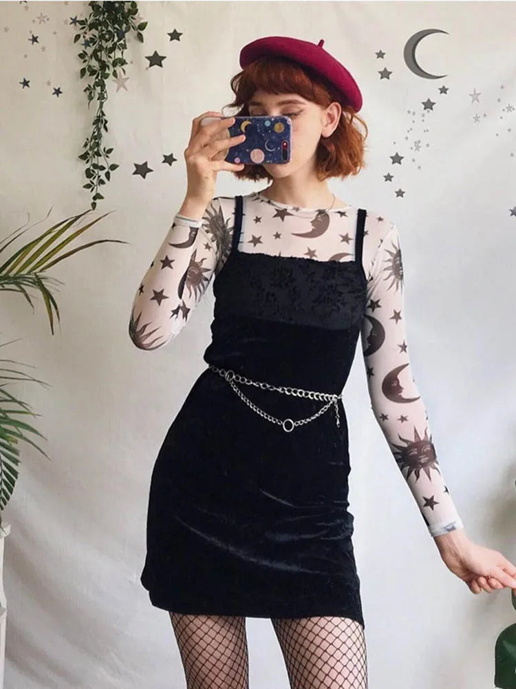 Sun Moon Printed Transparent Mesh Sexy T-Shirt Women O-Neck Long Sleeve Slim Basic Casual Female Tops 2023 Spring New