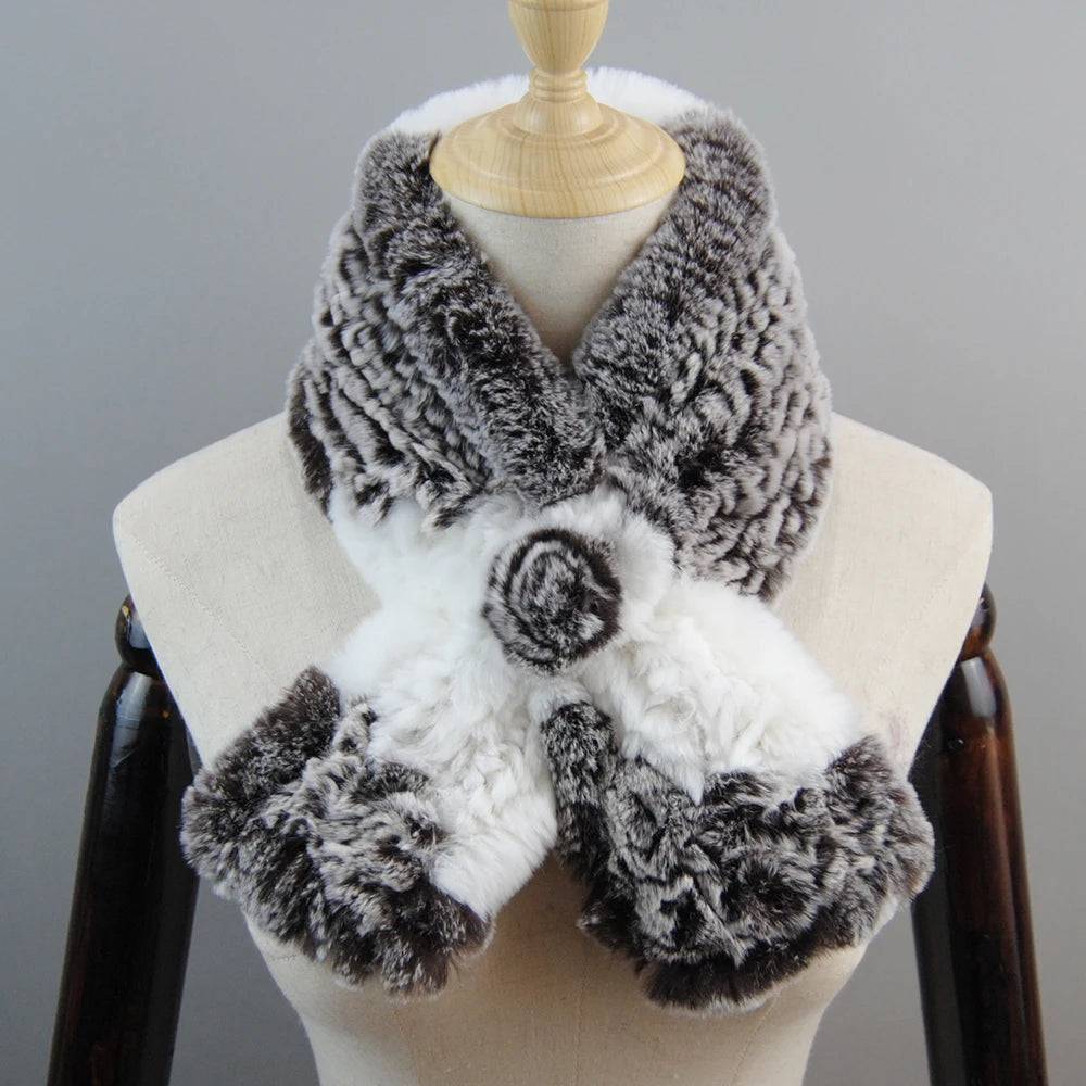 New Russian Women Knit Real Rex Rabbit Fur Scarf Lady Fashion Floral Rex Rabbit Fur Mufflers Hot Winter Warm Natural Fur Scarves