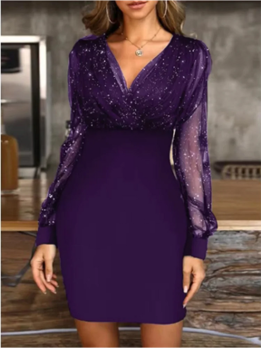 Sexy V-neck Transparent Long Sleeved Dress Women's Solid Color Sequin Dresses Party Fashionable Elegant Autumn Clothes