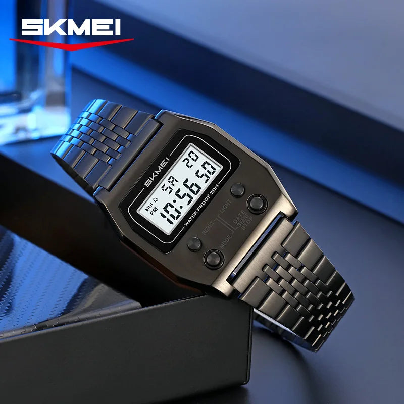 SKMEI 2460 Mens Wristwatches Stainless Steel Sport Luxury Retro LED Electronic Waterproof Digital Watch for Men Reloj Hombre