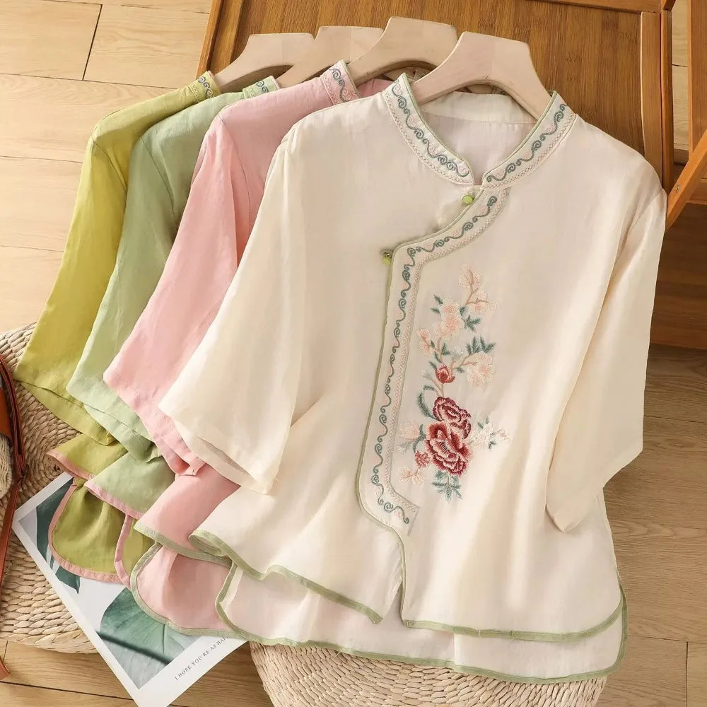 Loose Embroidered T-Shirts Women's Clothes Summer Vintage Woman Tshirt Casual Cotton Linen Ethnic Style Ladies T Shirt Blusas