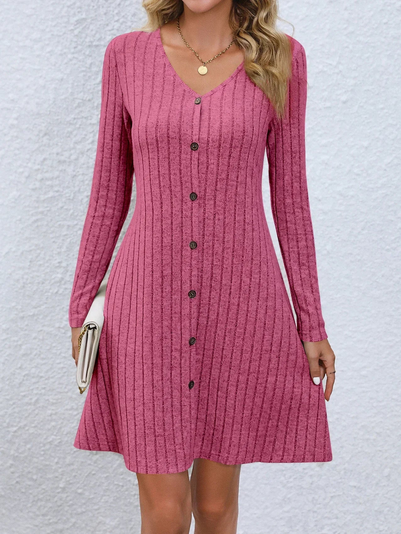 Fashion Solid Ribbed Knitted Mini Dress Women Button Long Sleeve A Line Dresses 2023 Autumn Lady Streetwear Robe
