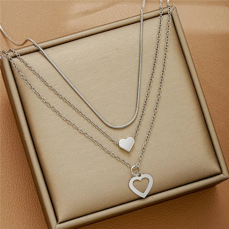 LETAPI 2025 New Fashion Simple Silver Color Choker Necklaces for Women Three Layer Chain Heart Pendant Necklace Jewelry Gift