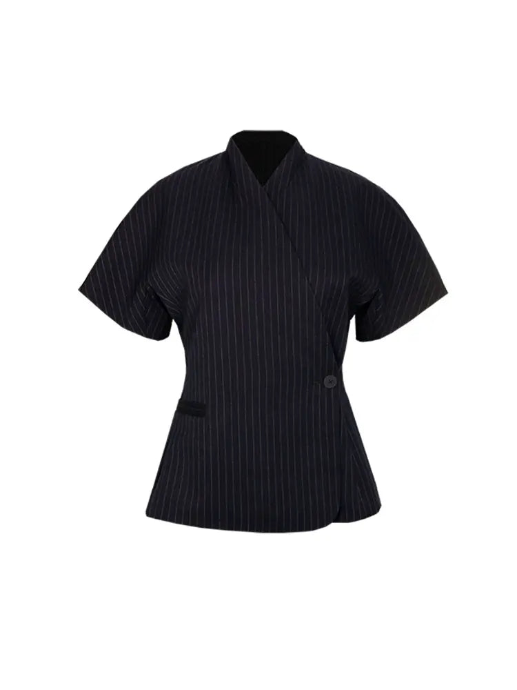 V-neck Short Sleeve Side Placket Suit Jacket Women Elegant Waist Cinching Slim Coats 2026 Spring Summer New Chic Office Lady Top
