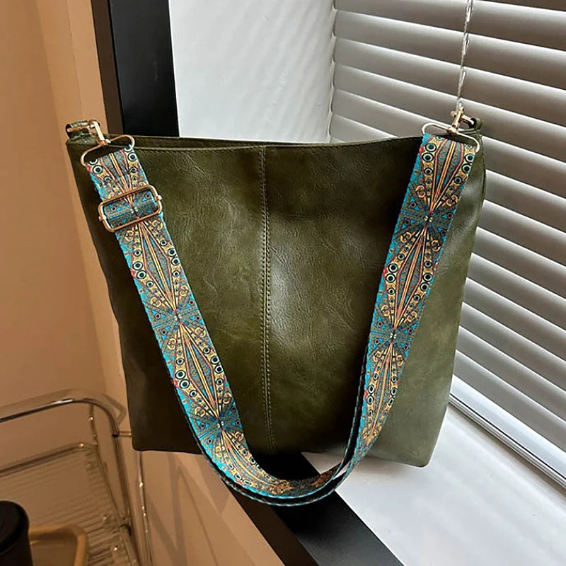 Womens Fashion Shoulder Sling Bag Vintage Brown PU Leather High-Capacity Simple Wide Strap Bucket Crossbody Female Commuter Bags