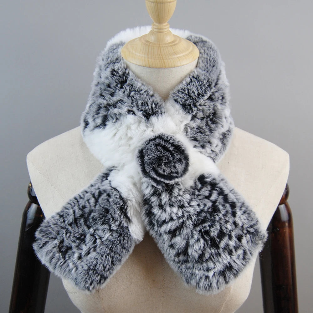 New Russian Women Knit Real Rex Rabbit Fur Scarf Lady Fashion Floral Rex Rabbit Fur Mufflers Hot Winter Warm Natural Fur Scarves