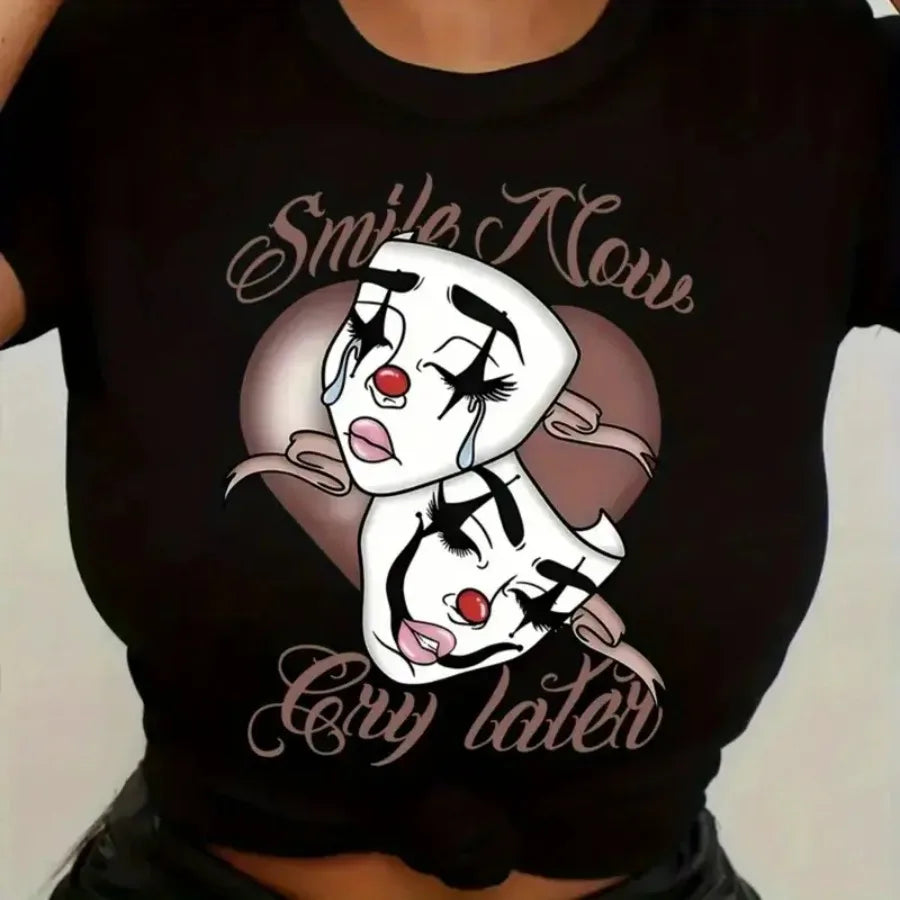 kunxia-Clown Mask Print T-Shirt Short Sleeve Round Neck Casual Topfemale clothes