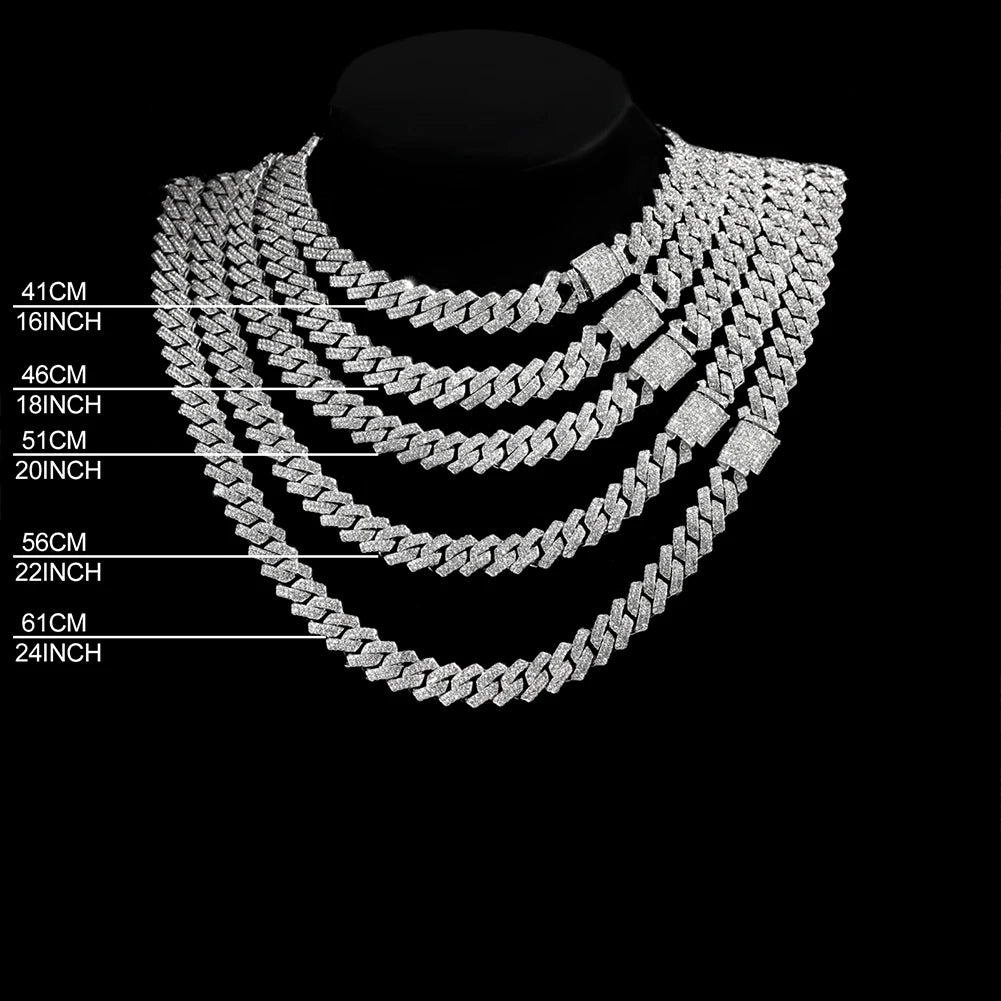 14MM Diamond Cuban Link Chain Men Women Iced Out 2 Row Rhinestone Paved Rhombus Prong Cuban Necklaces Hip Hop Jewelry