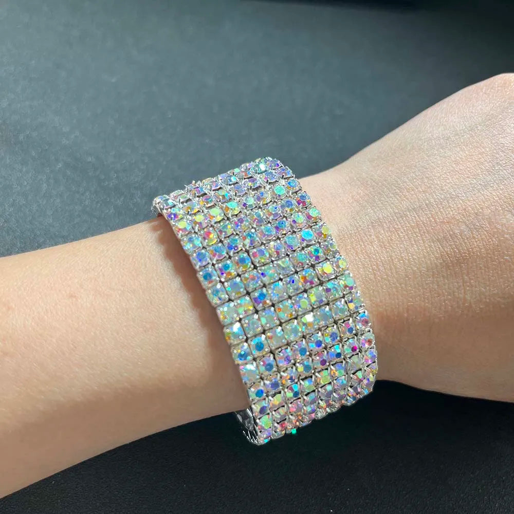 TREAZY Stunning AB Color Rhinestones Wedding Bangles Silver Plated Crystal Stretch Bracelet for Women Wristband Elastic Jewelry