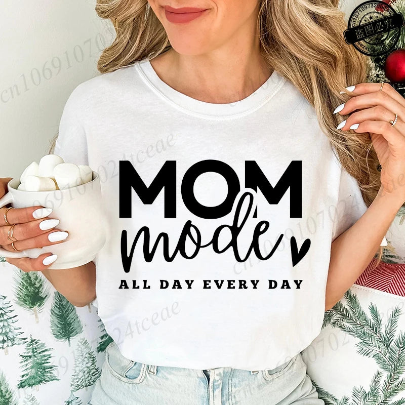 Mom Mode All Day Every Day Printed Women's T-Shirts Clothing Shirt Short Sleeve T-shirt Tops Oversized T Shirt Women Clothes