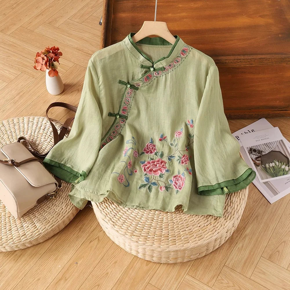 Loose Embroidered T-Shirts Women's Clothes Summer Vintage Woman Tshirt Casual Cotton Linen Ethnic Style Ladies T Shirt Blusas