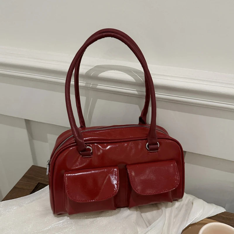 Vintage Simple Ladies Commute Tote BagWomen Business Shoulder Bags  Pu Leather Female Underarm Bag Burgundy Large Handbags Purse